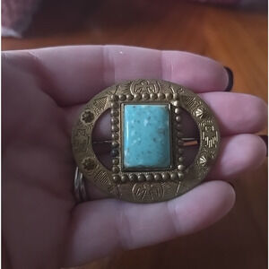 Vtg Brass Native American Southwestern Aztec Stamped Ethnic Statement Brooch